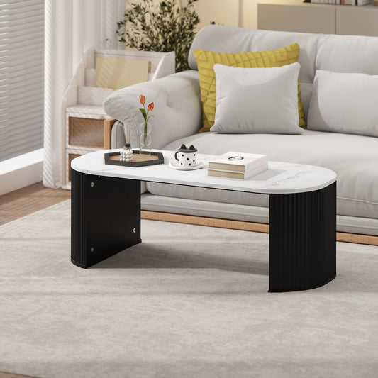 Table de salon moderne effet marbre avec coins arrondis et pieds épais, noire
