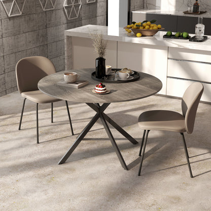 Table de cuisine ronde pour 4 personnes avec pieds en acier, grain de bois gris et noir