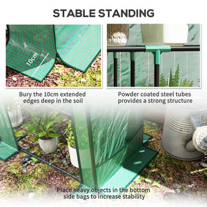 Lean-to greenhouse with 3-tier shelves, green
