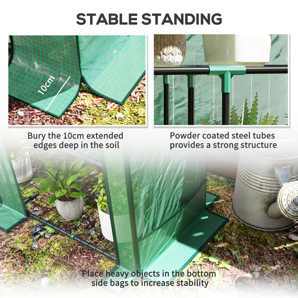 Lean-to greenhouse with 3-tier shelves, green