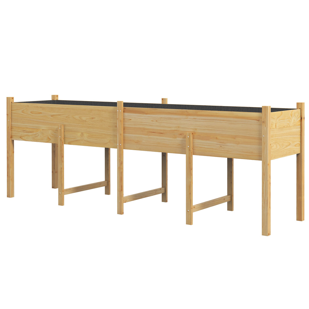 Raised wooden garden bed with legs, liner and drainage holes, 225.5 cm x 55 cm x 79 cm