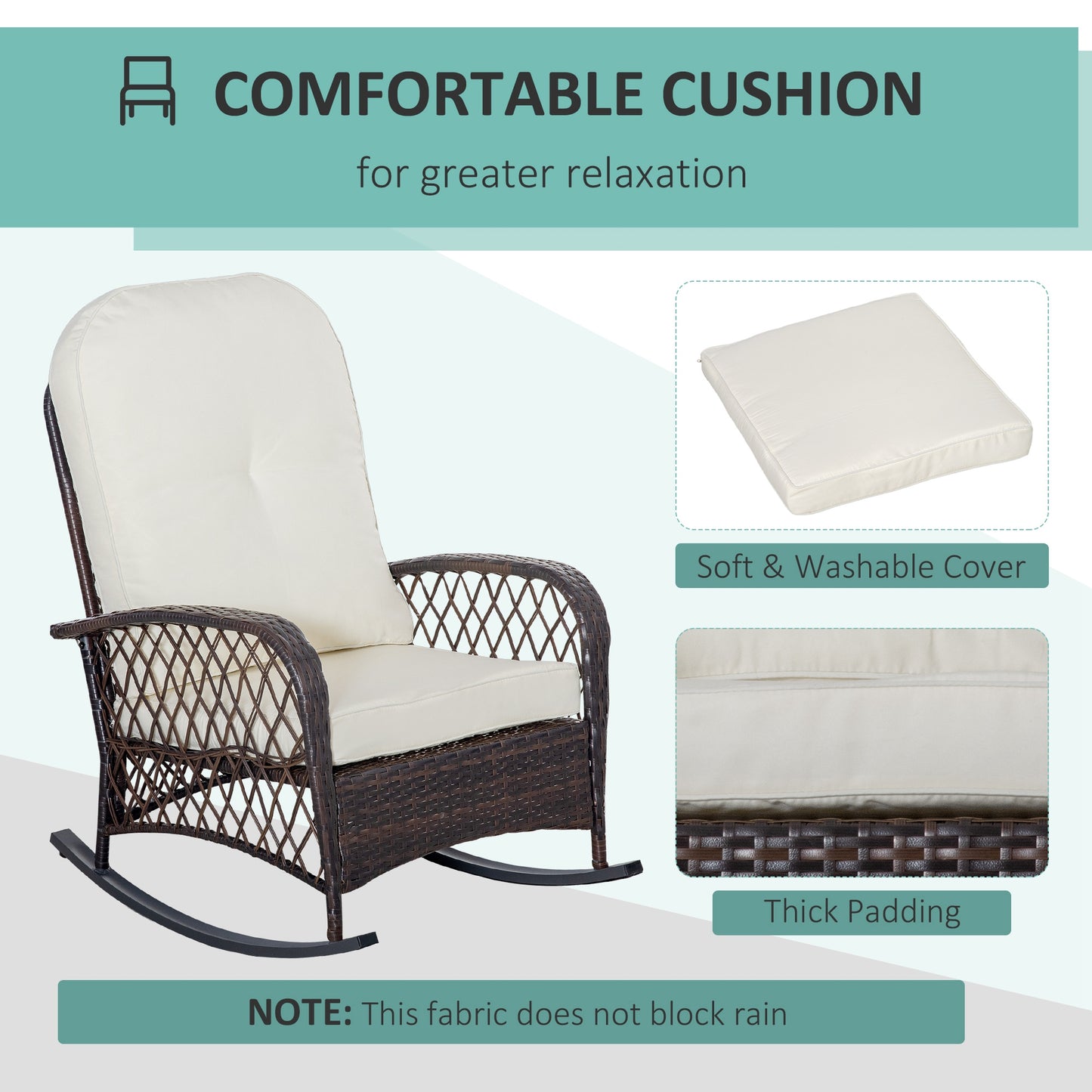 Fauteuil à bascule en rotin et osier avec coussins épais, blanc crème