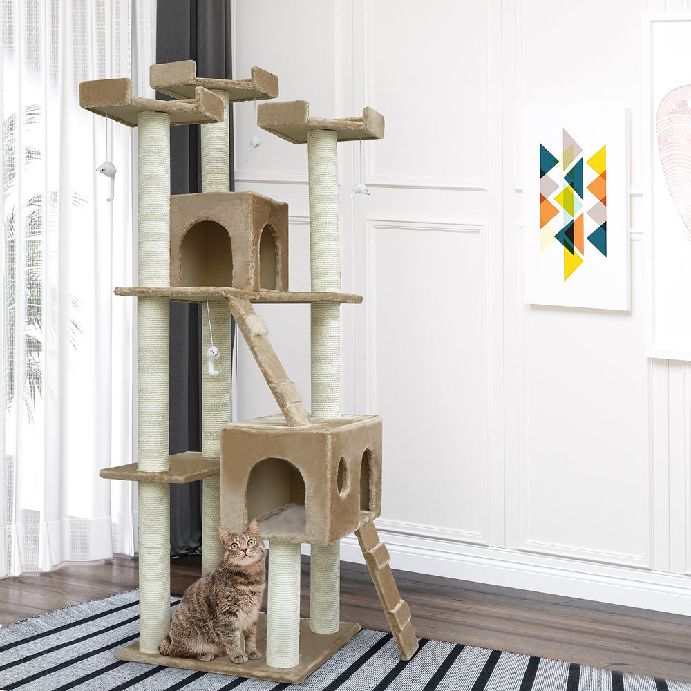 79" Cat Tree with Kitten Scratching Post, Activity Center and Toys, Beige