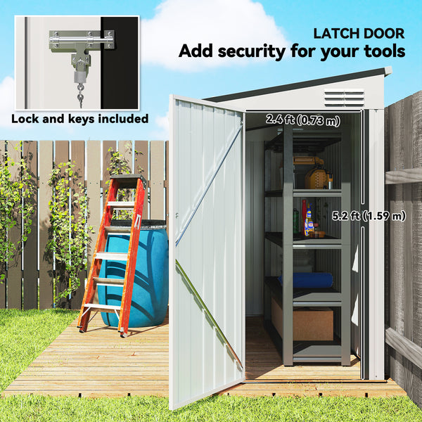 Abri de jardin adossé en métal avec porte verrouillable et aérations, blanc