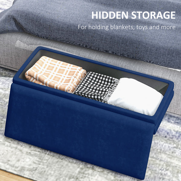 Pouf de rangement en velours avec pieds en acier, bleu