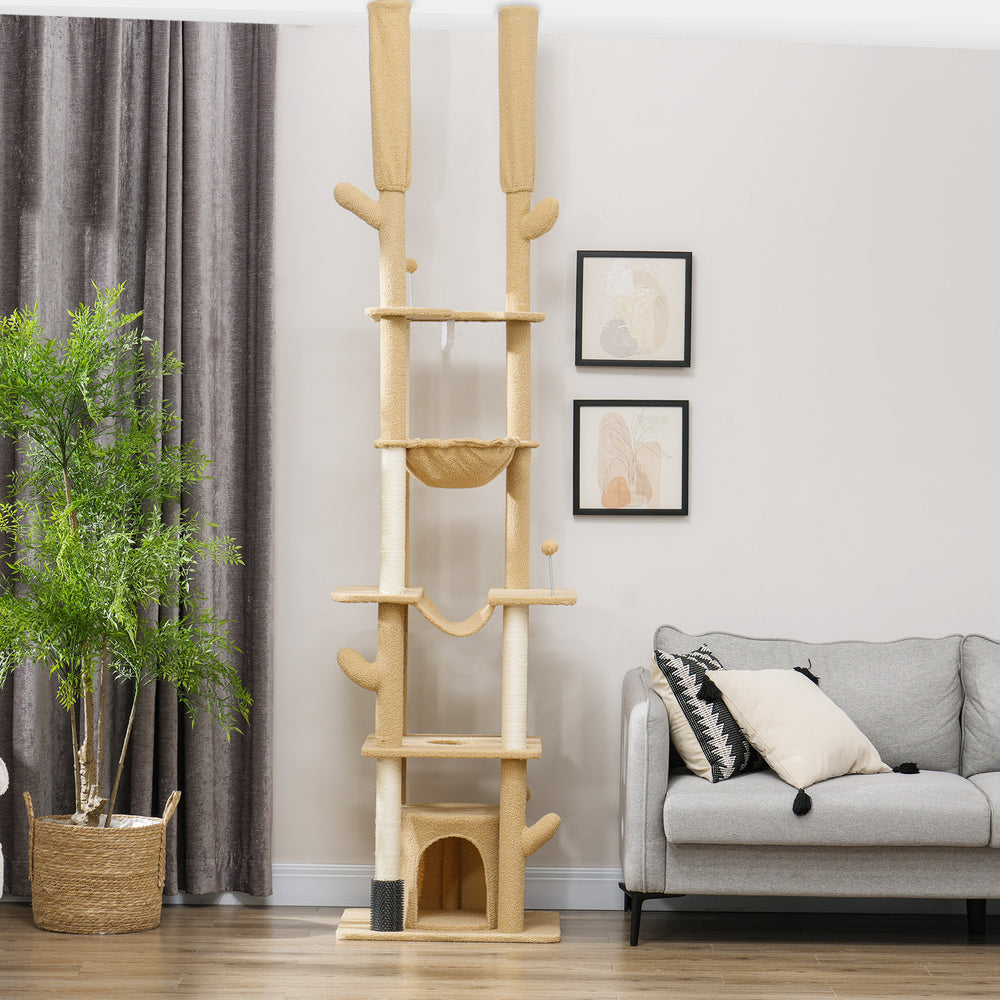 Cat tree 226-254 cm, ceiling height with scratching posts, grooming brush and niche, brown