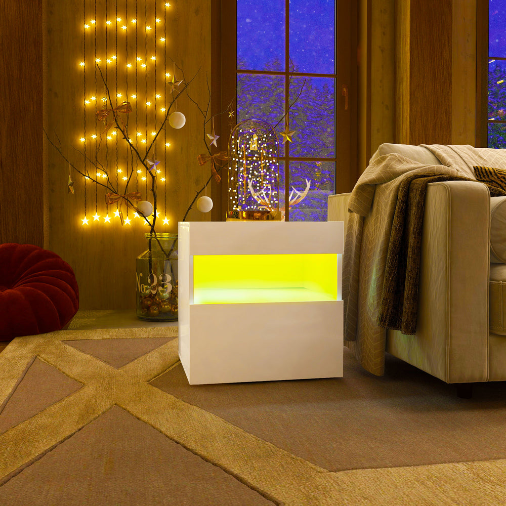 Table de chevet avec éclairage LED, tiroir et étagère ouverte