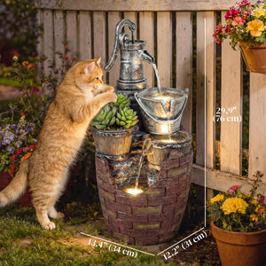 Fontaine d'extérieur à 4 niveaux avec jardinière, cascade et éclairage LED, coloris brun rustique et gris.