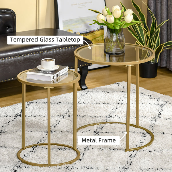 Lot de 2 tables d'appoints gigognes avec base en métal, doré