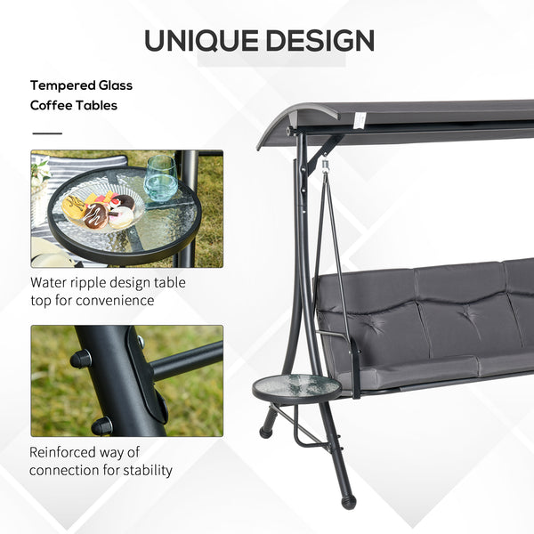 3 Seat Outdoor Swing Chair Steel Swing Bench Porch Swing With Adjustable Canopy, Coffee Tables and Cushion for Patio Garden, Dark Grey