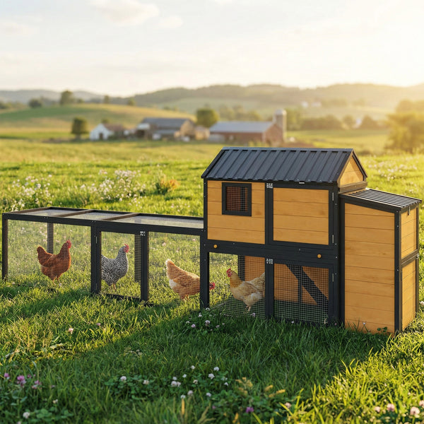 Large wooden chicken coop with run, nesting box, pull-out tray, waterproof roof, and access ramp.