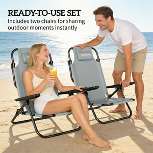Set of 2 beach chairs, foldable and adjustable in 5 positions, with headrest and armrests, light gray.
