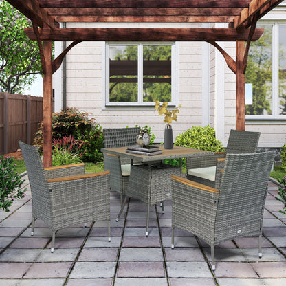 Outsunny 5 Piece Rattan Garden Dining Set with Parasol Hole, Cushions, Garden Table and Chairs, Teak