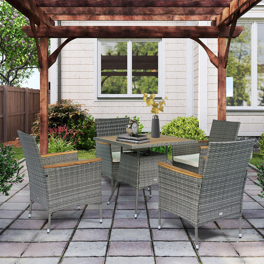 Ensemble de salle à manger de jardin Outsunny 5 pièces en rotin avec trou pour parasol, coussins, table et chaises de jardin, teck