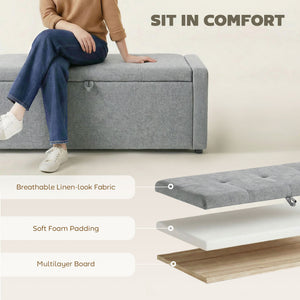 Banc-pouf de rangement, revêtement en tissu aspect lin, assise large rembourrée, gris clair