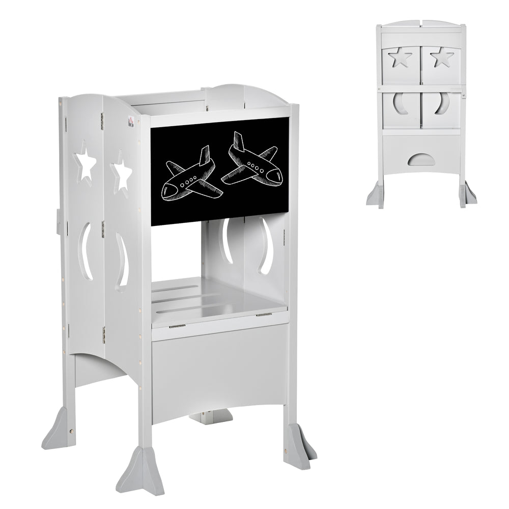 Tabouret de cuisine pliable pour tout-petits avec tableau noir et rampe verrouillable, Gris