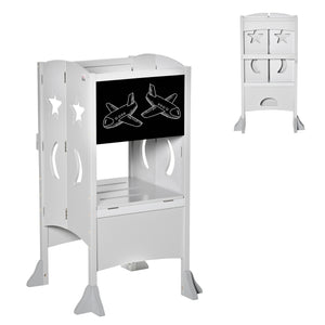 Tabouret de cuisine pliable pour tout-petits avec tableau noir et rampe verrouillable, Gris