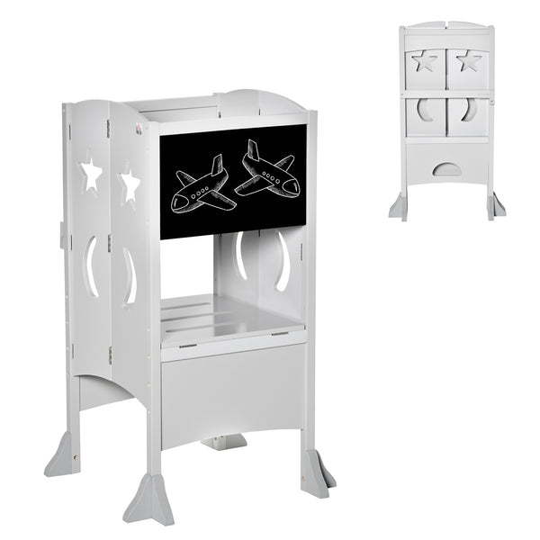 Tabouret de cuisine pliable pour tout-petits avec tableau noir et rampe verrouillable, Gris