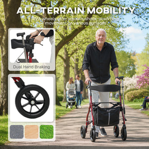 Déambulateur pliable avec siège pour seniors, léger à roulettes avec poignées réglables, rouge