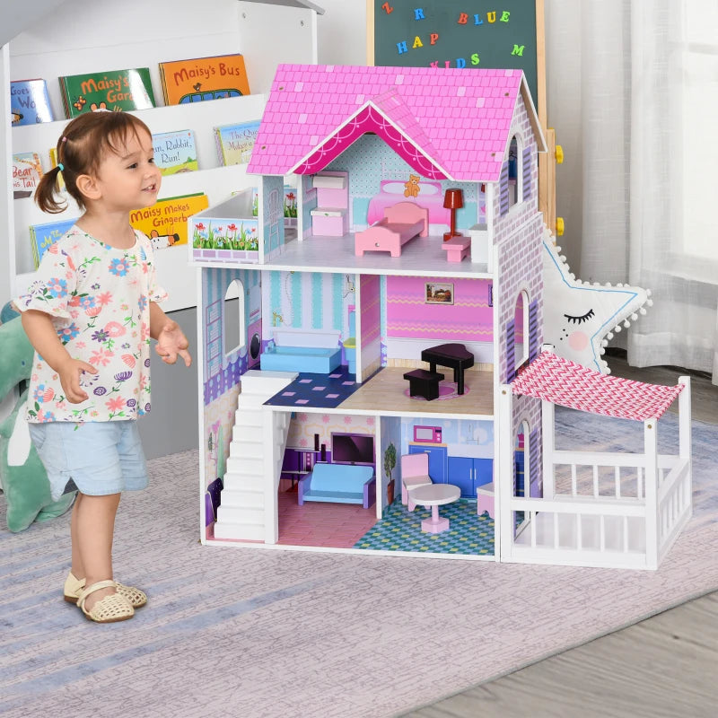Maison de poupée en bois pour enfants de 2,9 pieds avec meubles, rose