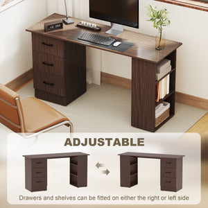 Computer desk with 3 shelves and 3 reversible drawers, walnut