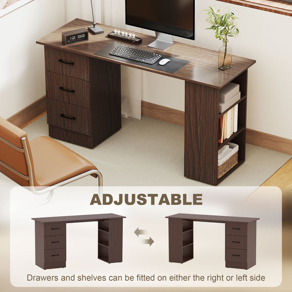 Computer desk with 3 shelves and 3 reversible drawers, walnut