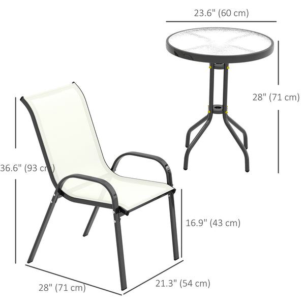 3 Pieces Bistro Set, Small Patio Furniture Set with Stackable Mesh Chairs, Glass Table for Garden, Balcony, Beige