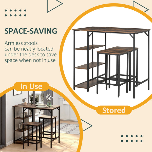 Ensemble table et chaises de cuisine style industriel pour 2 personnes, comprenant une table de bar et des tabourets, marron rustique.