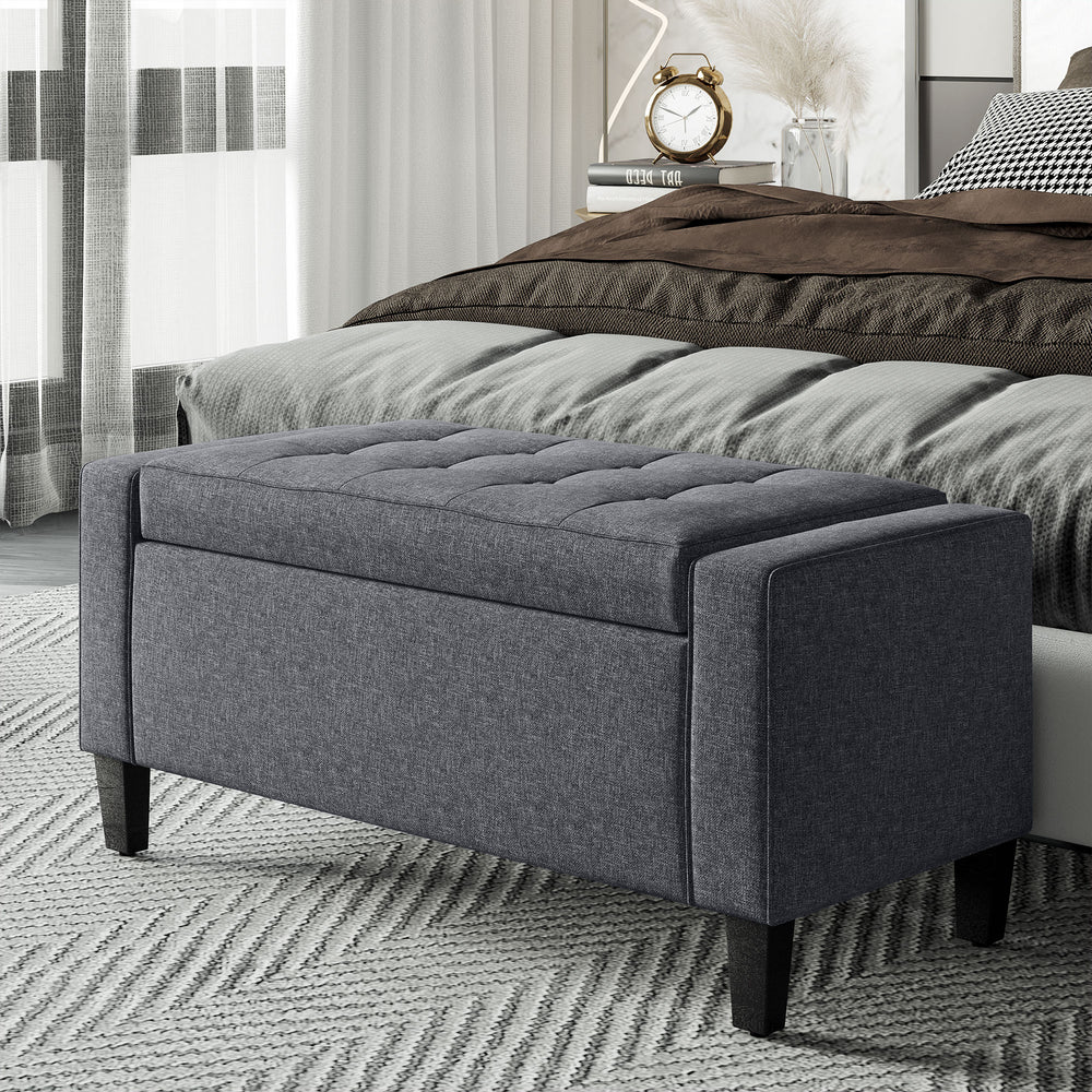 Banc ottoman de rangement en lin avec motif capitonné