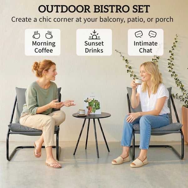 3-Piece Patio Outdoor Bistro Set with 2 C-Spring Chairs and Round Table for Balcony, Light Gray