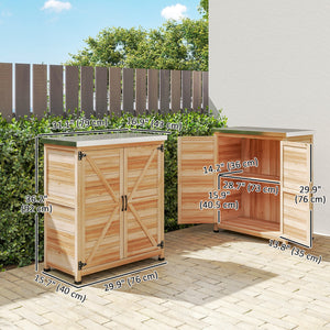 Garden storage unit with metal top, natural color