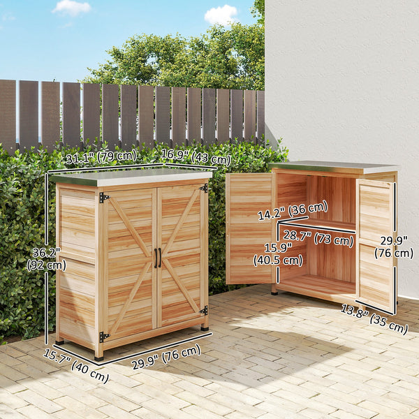 Garden storage unit with metal top, natural color