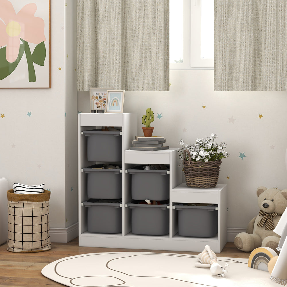 3-Tier Toy Storage Shelf with 6 Plastic Bins, White