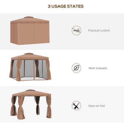 Gazebo d'extérieur 10' x 10' double toit souple avec rideaux et moustiquaires, marron