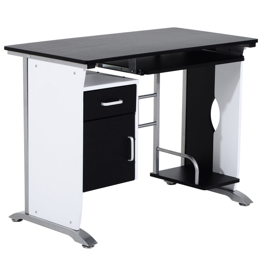 Bureau d'ordinateur avec plateau pour clavier et support pour unité centrale, noir et blanc
