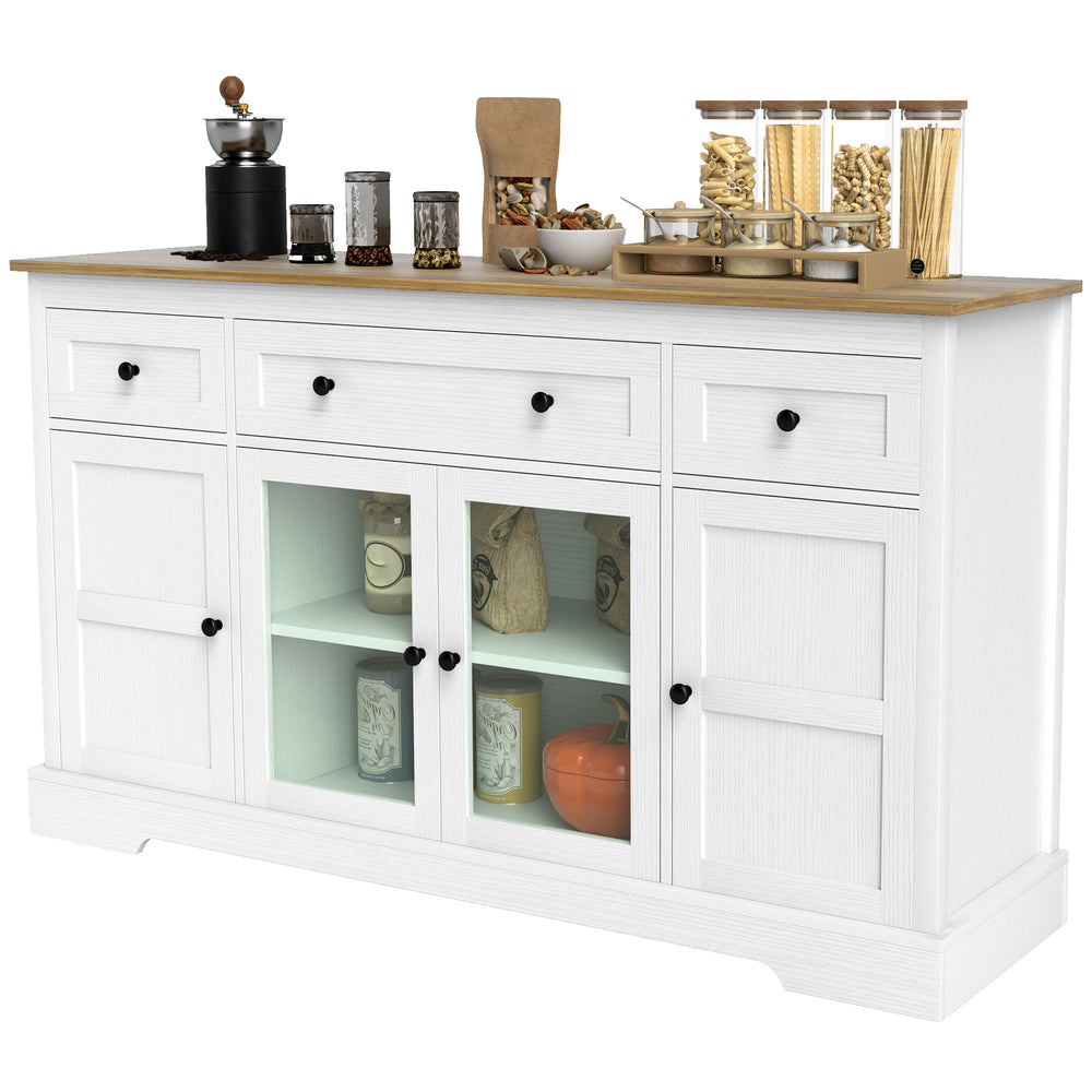 Buffet avec portes vitrées et étagères réglables, blanc vieilli