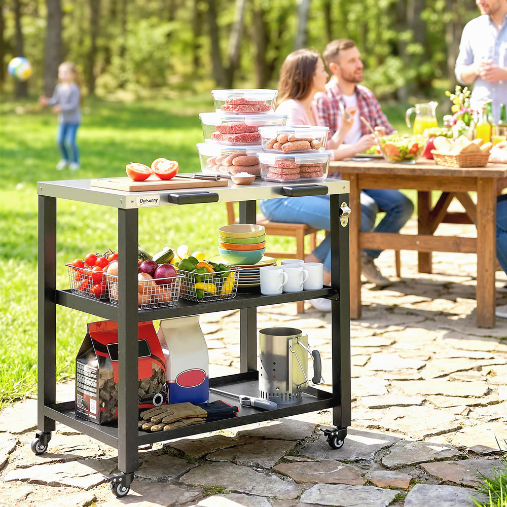 Chariot de cuisine extérieur avec plateau en acier inoxydable, 2 étagères avec roues verrouillables