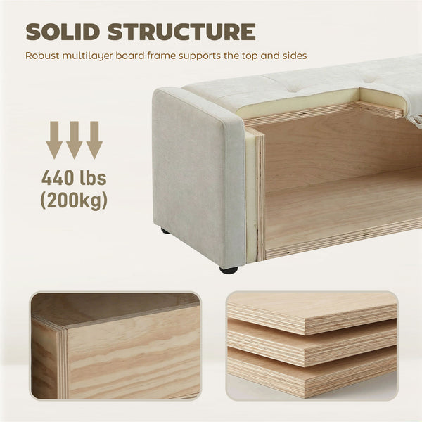 Linen-look fabric upholstered storage ottoman bench with storage, wide and padded seat, cream white
