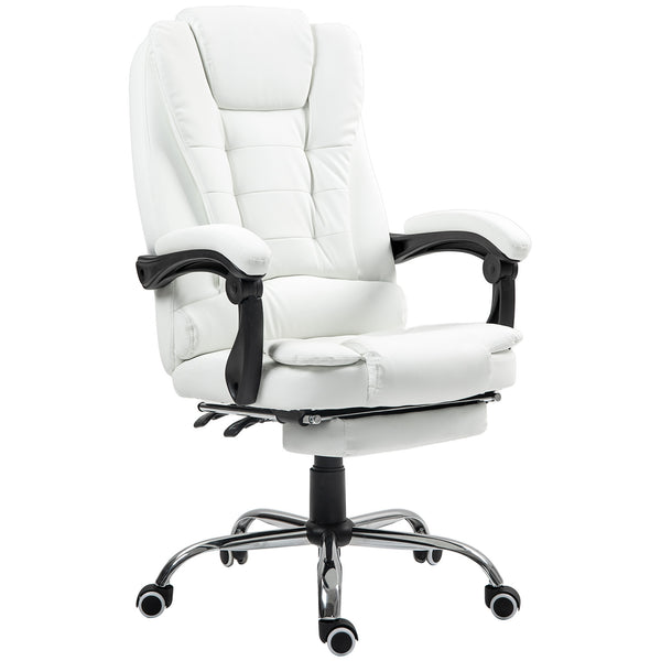 Fauteuil de bureau à dossier haut en cuir synthétique avec repose-pieds rétractable et accoudoirs rembourrés, blanche
