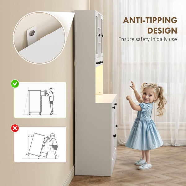Armoire de cuisine haute avec éclairage LED, étagères, tiroir, portes, blanc