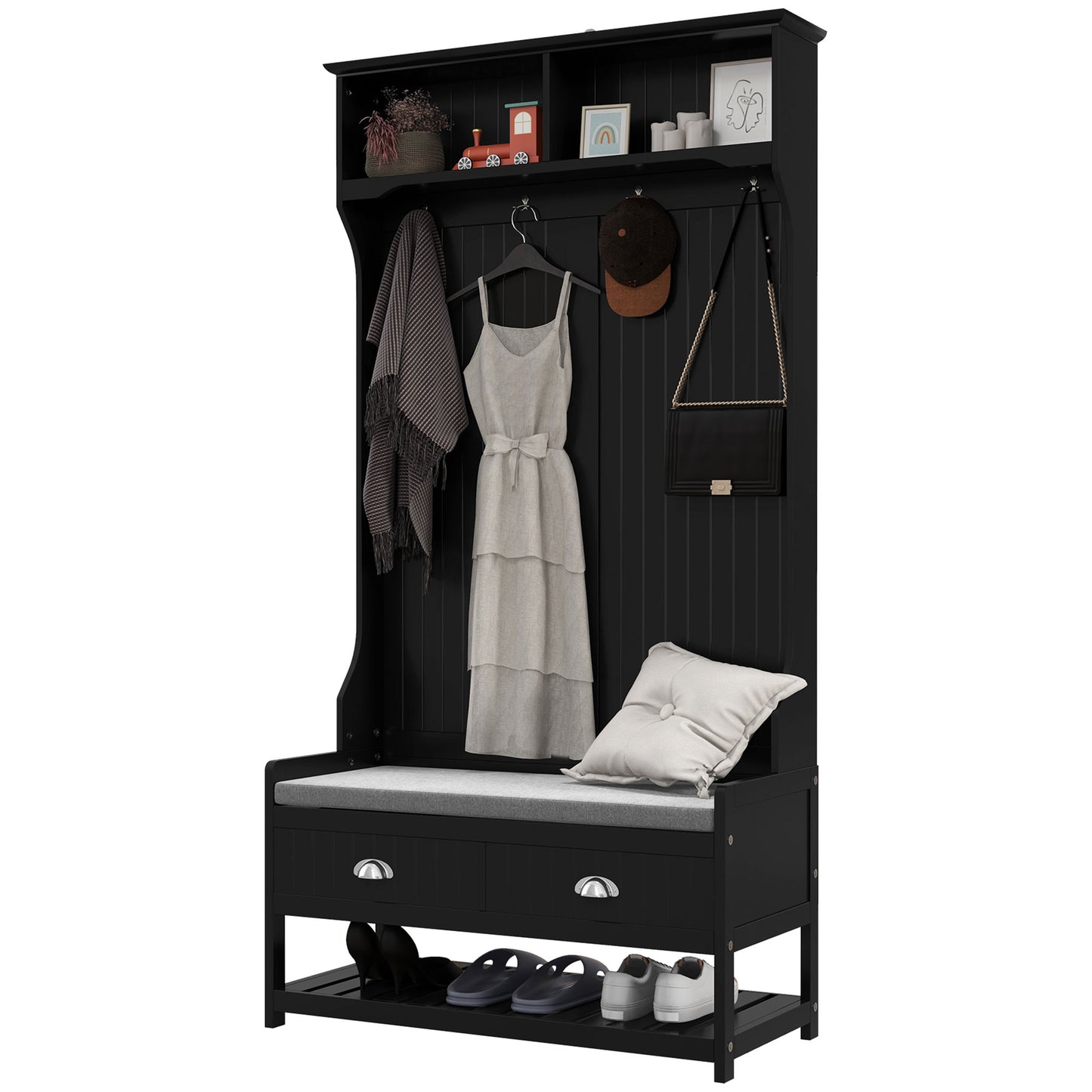 Hallway bench with 4 hooks, 2 drawers, 2 shelves, black