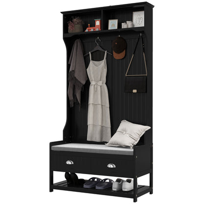 Hallway bench with 4 hooks, 2 drawers, 2 shelves, black