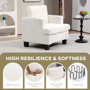 Fauteuil moderne rembourré en chenille avec structure en bois et coussin de dossier, blanc crème