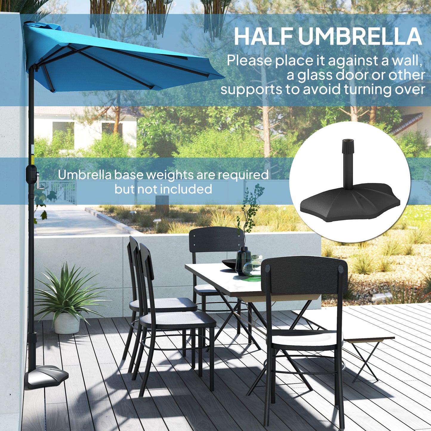 Outsunny 2.7m Half Round Parasol for Patio, Garden, Balcony, Window, Sun Shade with 5 Ribs, Light Blue