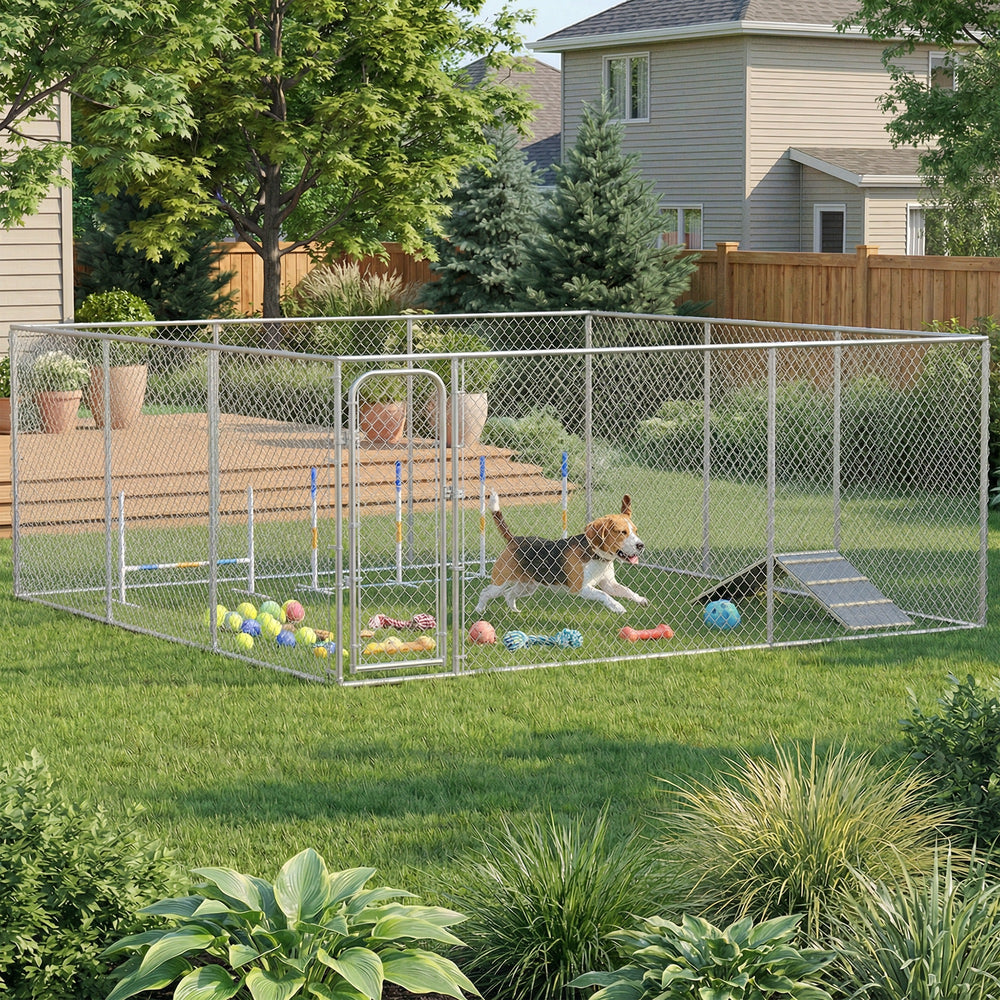 Dog park with gate, galvanized steel structure.