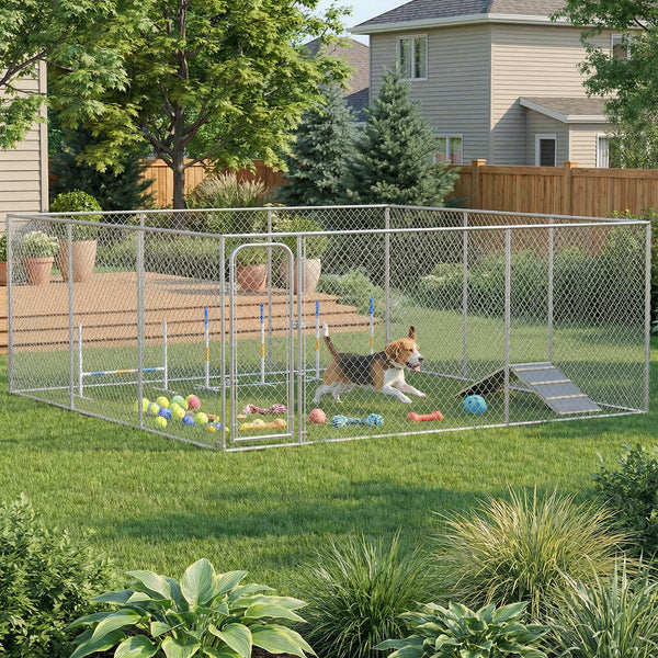 Dog park with gate, galvanized steel structure.