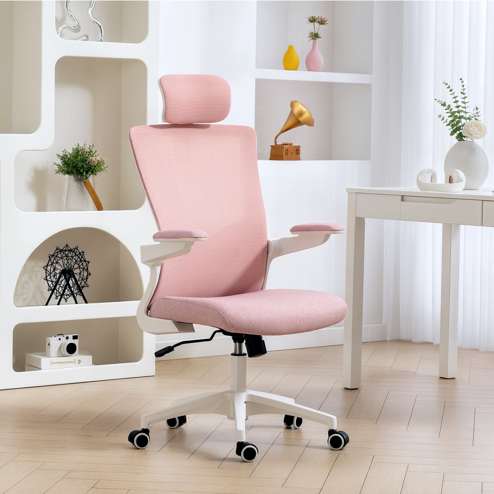 Chaise de bureau ergonomique avec soutien lombaire et appui-tête, rose