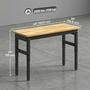 48" Adjustable Workbench, Heavy-Duty Work Table with Rubberwood Top, Power Outlets, Pegboard, 2000 LBS Capacity