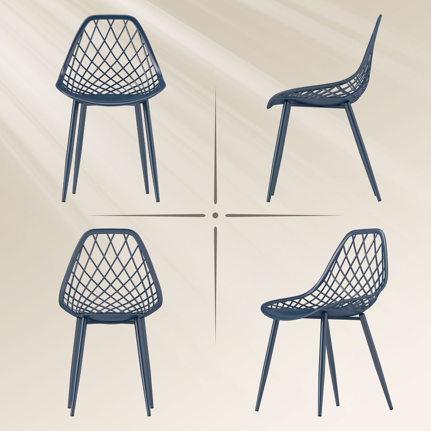 Lot de 4 chaises de salle à manger modernes en plastique avec dossier creux et pieds en métal, bleu