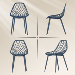 Lot de 4 chaises de salle à manger modernes en plastique avec dossier creux et pieds en métal, bleu